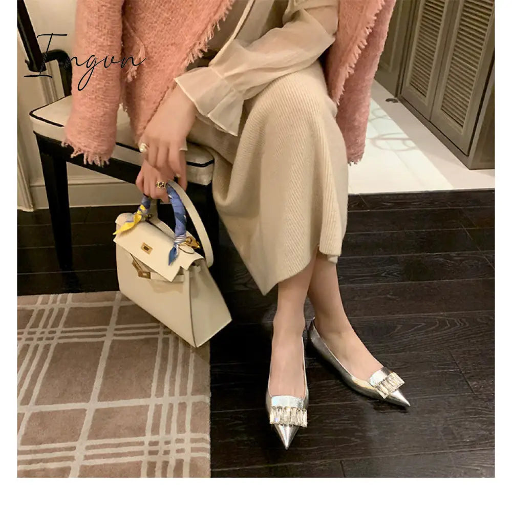 Ingvn - Pointed Toe Buckle Low Heeled Slingbacks Silver / 35 Flats