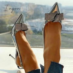 Ingvn - Pointed Toe Studded Bowknot Slingback Thin Heels Silver / 5