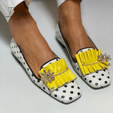 Ingvn - Polka Dot Print Square Toe Slip-On Flats White / 5