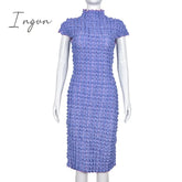 Ingvn - Popcorn Yarn Dye Fashion O-Neck Sleeveless Midi Dress Women Sexy Body-Shaping Robe Summer