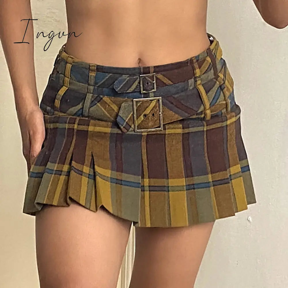 Ingvn - Preppy Style Grunge Vintage Plaid Mini Skirt Sexy Women Y2K Aesthetic Kawaii Low Rise