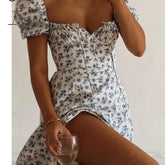 Ingvn - Print Summer Dress Women Floral Short Puff Sleeves Square Collar Holiday Midi Female