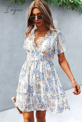 Ingvn - Printed Flutter Sleeve V-Neck Dress White / S