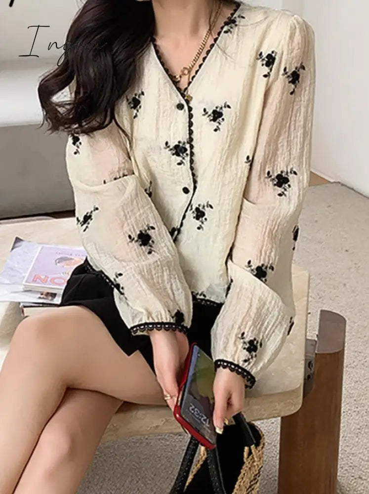 Ingvn - Printed Shirt For Women Spring 2023 New Long Sleeve V Neck Vintage Elegant Blouse Fashion