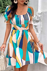 Ingvn - Printed Smocked Waist Flounce Sleeve Dress
