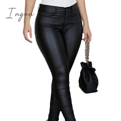 Ingvn - Pu Leather Pants Women High Waist Button Zipper Slim Push Up Woman Pencil Casual Pockets