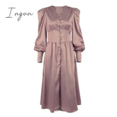 Ingvn - Puff Sleeve Vintage Satin Midi Dress Women V - Neck Party Pleated Black Elegant Bodycon