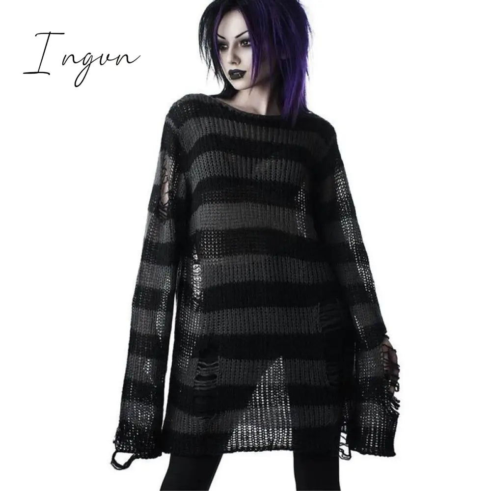 Ingvn - Punk Gothic Long Unisex Sweater Summer Women Striped Cool Hollow Out Hole Broken Jumper