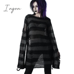 Ingvn - Punk Gothic Long Unisex Sweater Summer Women Striped Cool Hollow Out Hole Broken Jumper