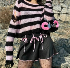 Ingvn - Punk Gothic Long Unisex Sweater Summer Women Striped Cool Hollow Out Hole Broken Jumper