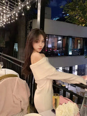 Ingvn - Pure Color Elegant Knitted Dress Woman Bodycon Slim Y2K Mini Casual Party Korean Fashion