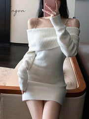 Ingvn - Pure Color Elegant Knitted Dress Woman Bodycon Slim Y2K Mini Casual Party Korean Fashion