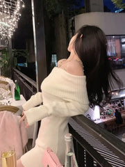 Ingvn - Pure Color Elegant Knitted Dress Woman Bodycon Slim Y2K Mini Casual Party Korean Fashion