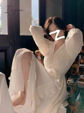 Ingvn - Pure Color French Elegant Dress Woman Long Sleeve Fairy Midi Casual 2023 Summer Slim Party