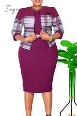 Ingvn - Purple Plus Size Elegant Striped Patchwork With Belt O Neck Wrapped Skirt Two Pieces / 2Xl
