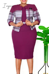 Ingvn - Purple Plus Size Elegant Striped Patchwork With Belt O Neck Wrapped Skirt Two Pieces Plus