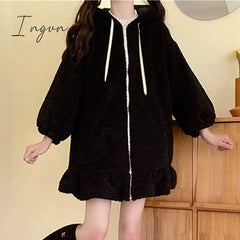 Ingvn - Rabbit Ears Hoodies Women Zip - Up Sweatshirts Coat Long Lantern Sleeve Hooded Lolita Cute