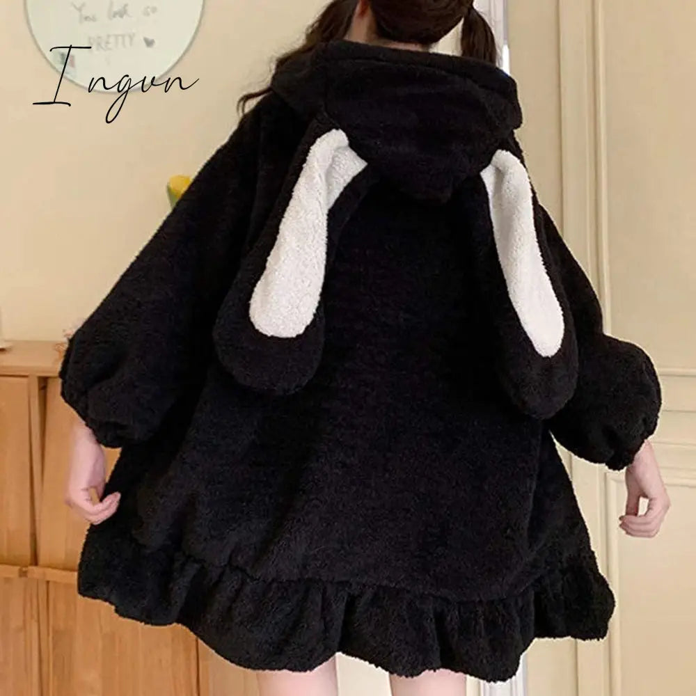 Ingvn - Rabbit Ears Hoodies Women Zip - Up Sweatshirts Coat Long Lantern Sleeve Hooded Lolita Cute