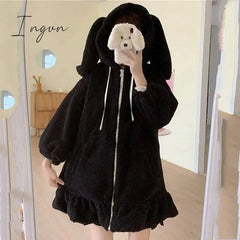 Ingvn - Rabbit Ears Hoodies Women Zip - Up Sweatshirts Coat Long Lantern Sleeve Hooded Lolita Cute