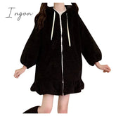 Ingvn - Rabbit Ears Hoodies Women Zip - Up Sweatshirts Coat Long Lantern Sleeve Hooded Lolita Cute