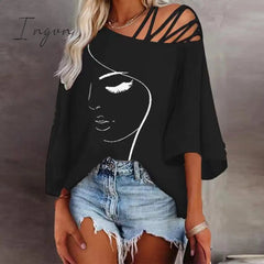 Ingvn - Retro Abstract Print Women Tee Shirts Spring Skew Collar Bandage Hollow Top Pullover Autumn