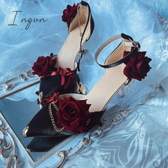 Ingvn - Retro Elegant Cosplay Flower Wedding Loli Girl Gorgeous Red Black Satin Rose Metal Fine