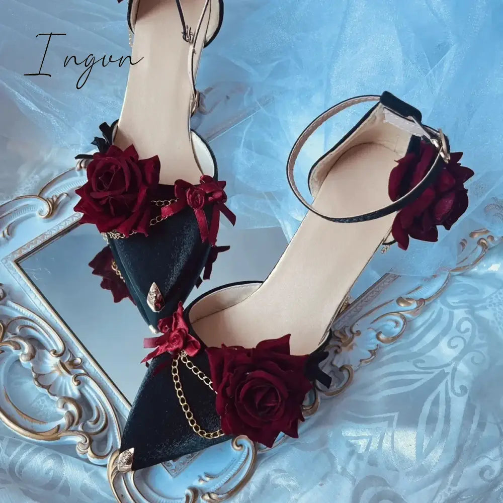Ingvn - Retro Elegant Cosplay Flower Wedding Loli Girl Gorgeous Red Black Satin Rose Metal Fine