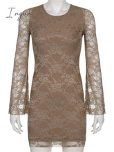 Ingvn - Retro Fairycore Grunge Mini Dresses Y2K Sexy Flare Lace Sleeves Chic Brown Clothes Elegant