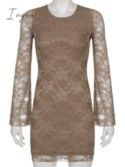Ingvn - Retro Fairycore Grunge Mini Dresses Y2K Sexy Flare Lace Sleeves Chic Brown Clothes Elegant