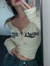 Ingvn - Retro Graffiti Print Elastic T Shirt Women Sexy Slim Crop Top Ribbed Long Sleeve O-Neck
