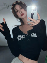 Ingvn - Retro Graffiti Print Elastic T Shirt Women Sexy Slim Crop Top Ribbed Long Sleeve O-Neck