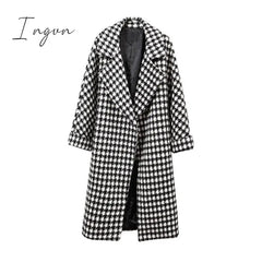 Ingvn - Retro Long Sleeve Lady Houndstooth Outwear Lapel New Casual Loose Coat Autumn Fashion