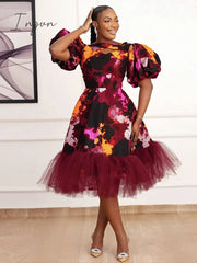 Ingvn - Retro Vintage Printed Swing Dresses Summer Puff Sleeve Cross Neck A Line Flowy Dress Chic