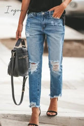 Ingvn - Ripped Slim Fit Washed Jeans Blue / S Bottoms