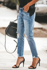 Ingvn - Ripped Slim Fit Washed Jeans Bottoms