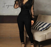 Ingvn - Rompers Womens Jumpsuit Black Elegant Sequins Mesh Glitter Party Night Sexy Spring Long