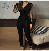 Ingvn - Rompers Womens Jumpsuit Black Elegant Sequins Mesh Glitter Party Night Sexy Spring Long