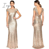 Ingvn - Rose Gold Cheap Mermaid Dresses Short Sleeves Backless Long Beach Sequins Wedding Party