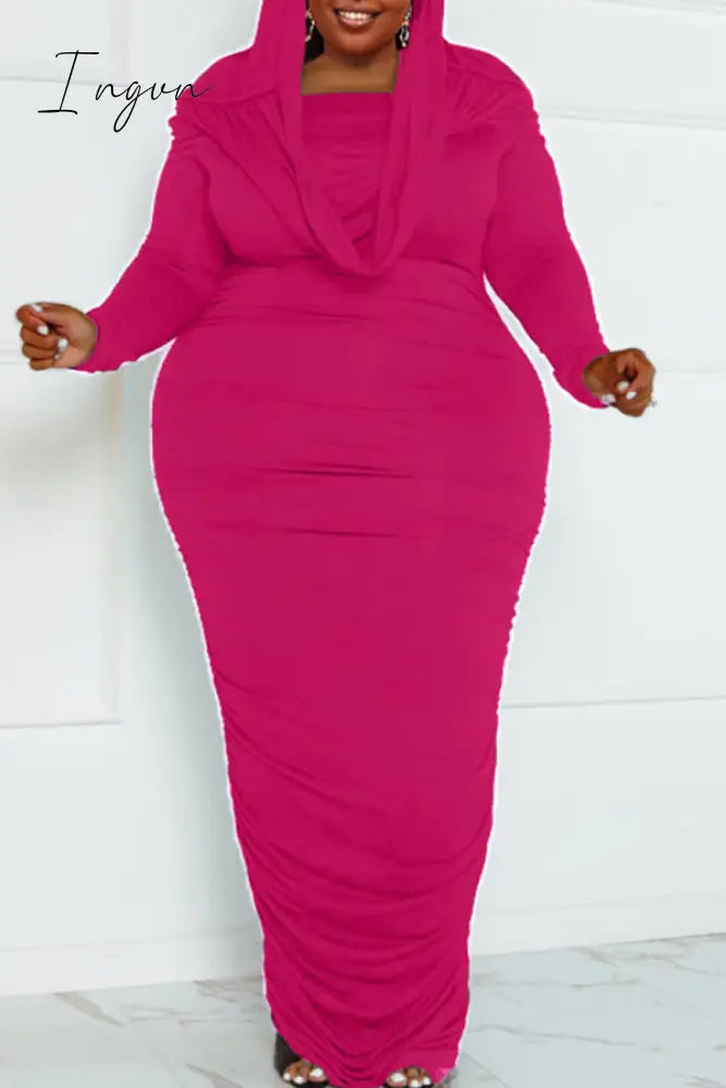Ingvn - Rose Red Sexy Street Solid Patchwork Hooded Collar Wrapped Skirt Plus Size Dresses Plus Size