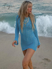 Ingvn - Round Collar Backless Blue Dress Women Sexy Long Sleeve Elegant Beachwear Solid Bodycon See