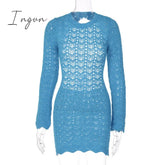 Ingvn - Round Collar Backless Blue Dress Women Sexy Long Sleeve Elegant Beachwear Solid Bodycon See