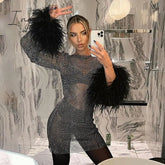 Ingvn - Round Collar See Through Dress Women Sexy Long Sleeve Elegant Female Clubwear Solid Mesh