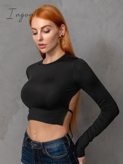 Ingvn - Round Neck Cropped Backless Tie Back Blouse Black / M