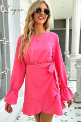 Ingvn - Round Neck Flounce Sleeve Ruffle Hem Mini Dress
