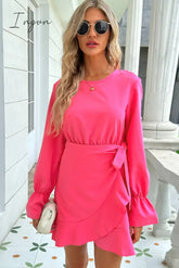 Ingvn - Round Neck Flounce Sleeve Ruffle Hem Mini Dress Hot Pink / Xs