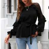 Ingvn - Round Neck Front Tie Flounce Sleeve Lace Cap Blouse Black / S