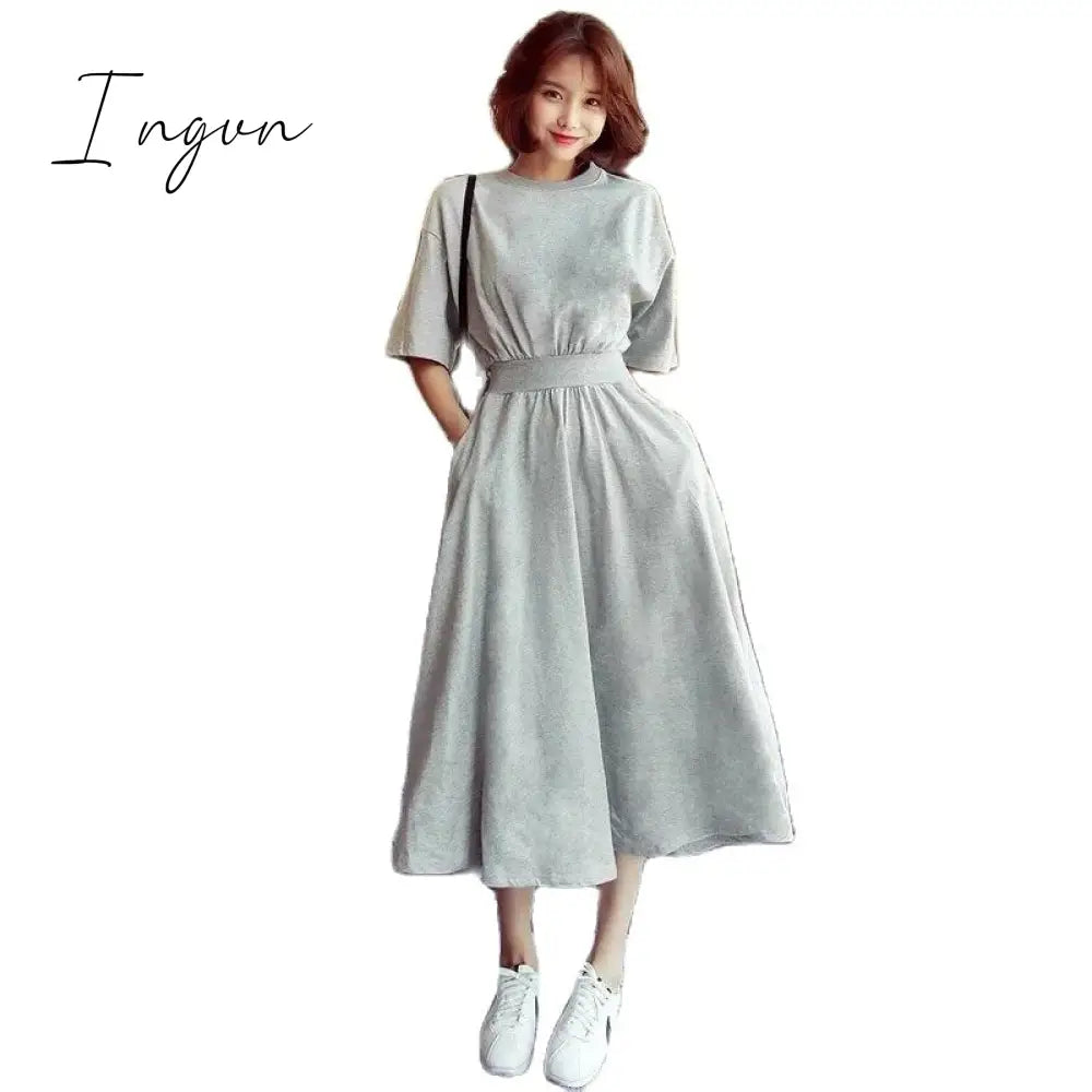 Ingvn - Round Neck High Waist Korean Style Dress