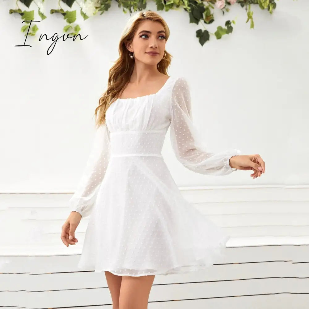 Ingvn - Ruched Bust Lantern Sleeve Swiss Dot Chiffon Dress