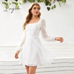 Ingvn - Ruched Bust Lantern Sleeve Swiss Dot Chiffon Dress