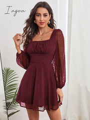 Ingvn - Ruched Bust Lantern Sleeve Swiss Dot Chiffon Dress